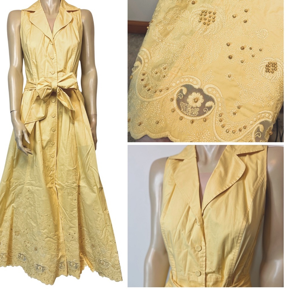 New Org $295 Yellow Embroidered Beaded Sleeveless Dress